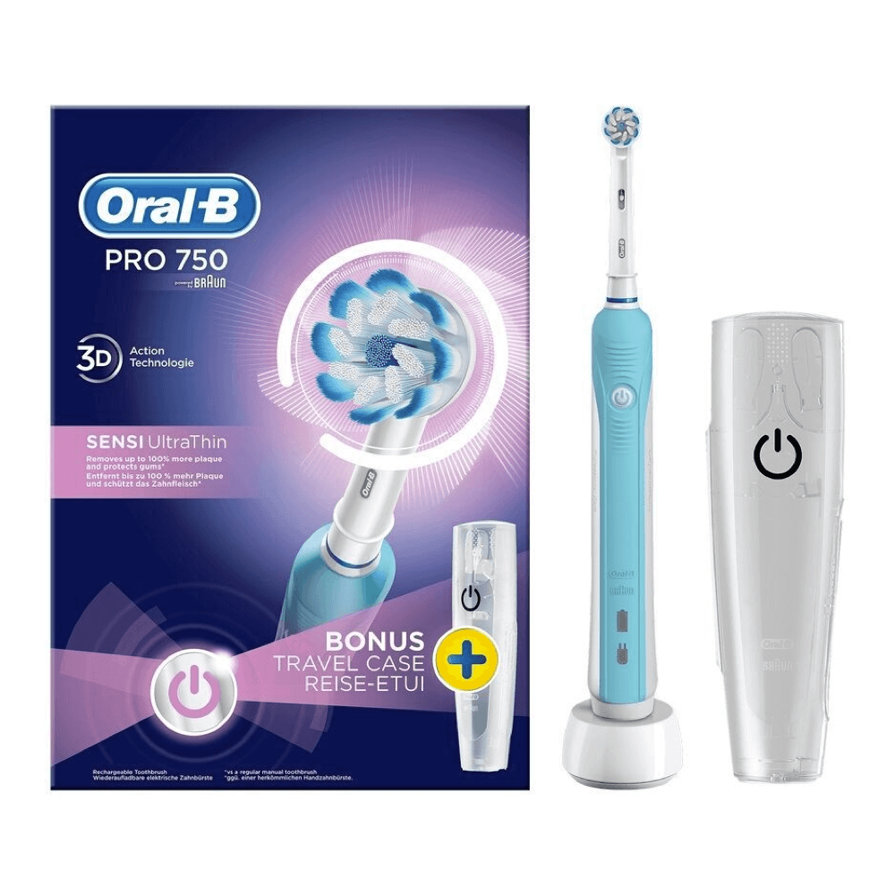 Oral-B PRO 750 SENSI UltraThin SININE elektriline hambahari surveanduriga + reisikarp (1 režiim