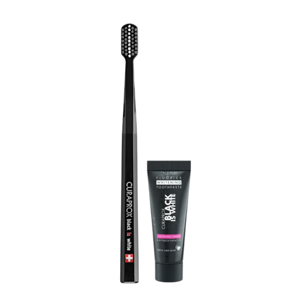 Käsihambahari CURAPROX Black is White + valgendav hambapasta (10ml)